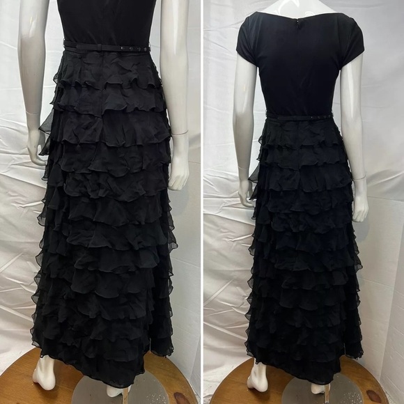 Victoria Women's 14 Black 100% Silk Cap Sleeve Tiered Long Vintage Dress - Picture 8 of 12